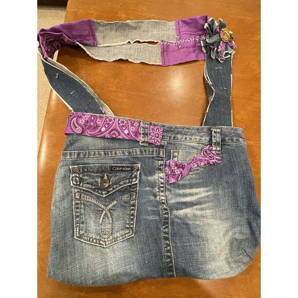 Handmade Upcycled Denim Jeans Purse Tote Bag Calvin Klein‎ Butt Handkerchief - Picture 6 of 8